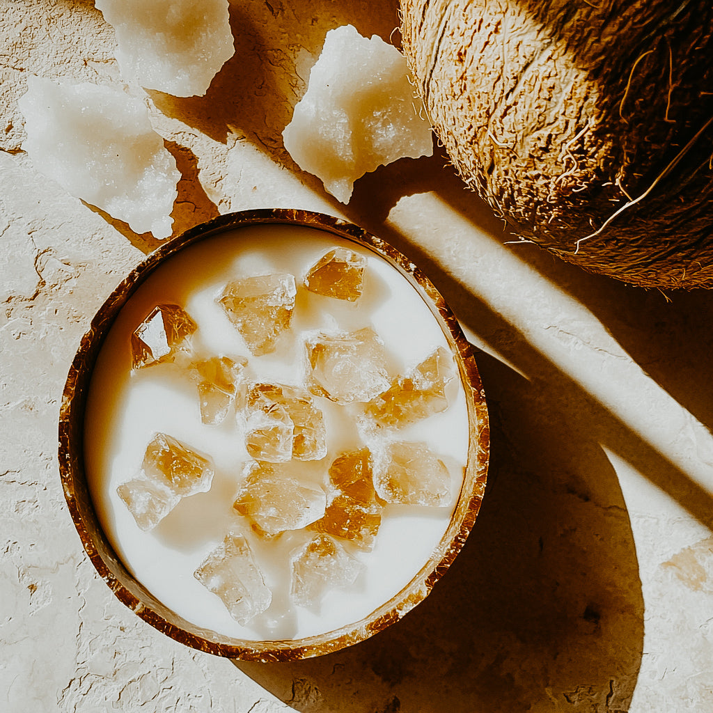A fragrance oil container with a clear liquid and floating citrine-colored crystals, alongside a piece of coconut and a whole coconut in the background.