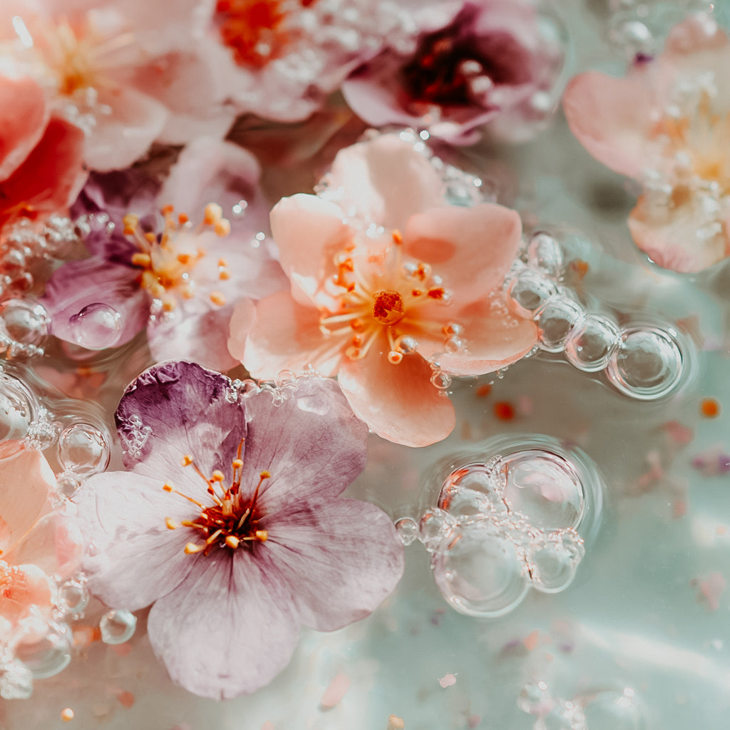 Close-up of pink and purple flowers with bubbles on a light blue background