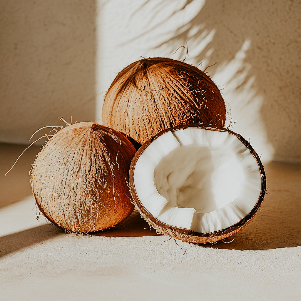 Two coconuts and a half-cut coconut showing the inside, placed on a surface with a shadow falling across the scene.