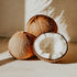 Two coconuts and a half-cut coconut showing the inside, placed on a surface with a shadow falling across the scene.