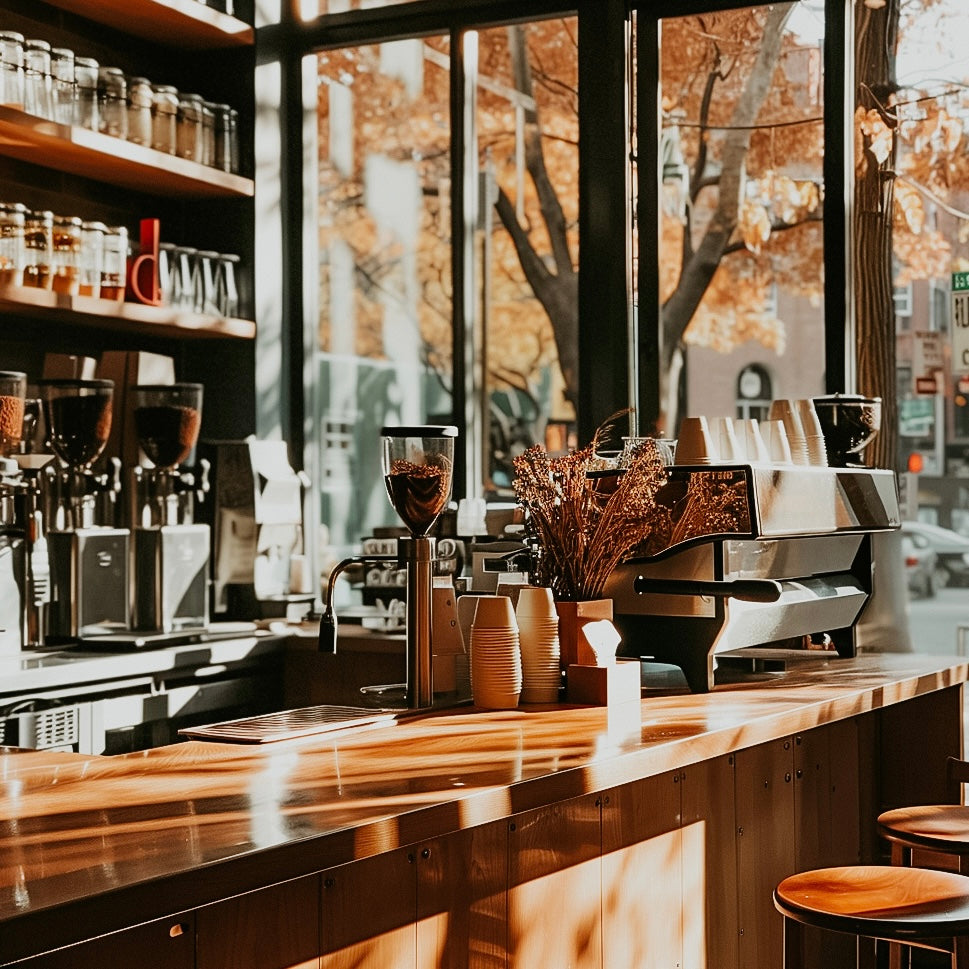 Interior view of a coffee house featuring a counter with coffee machines, glasses of coffee, and decorative items, with a window in the background showing trees and sky.