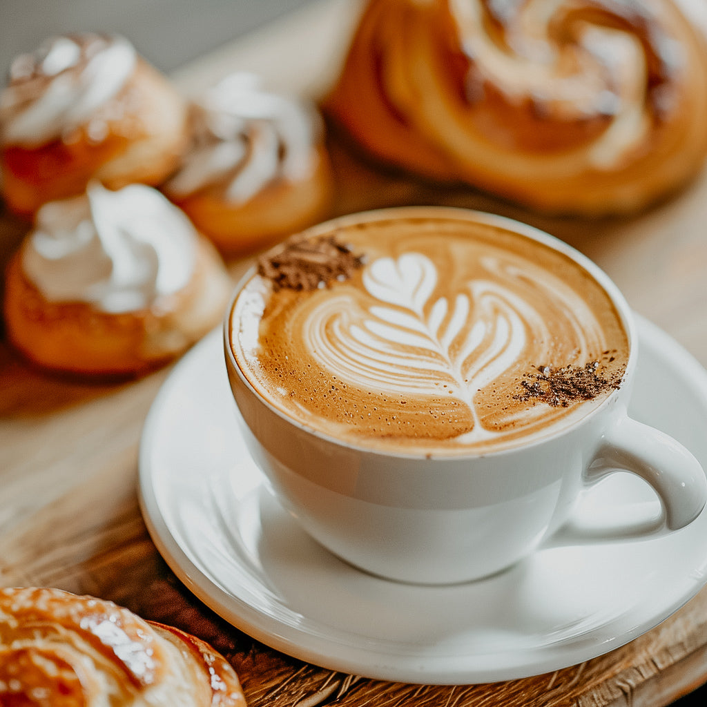 A cup of coffee with latte art on a saucer, accompanied by pastries with icing in the background, all placed on a wooden surface.