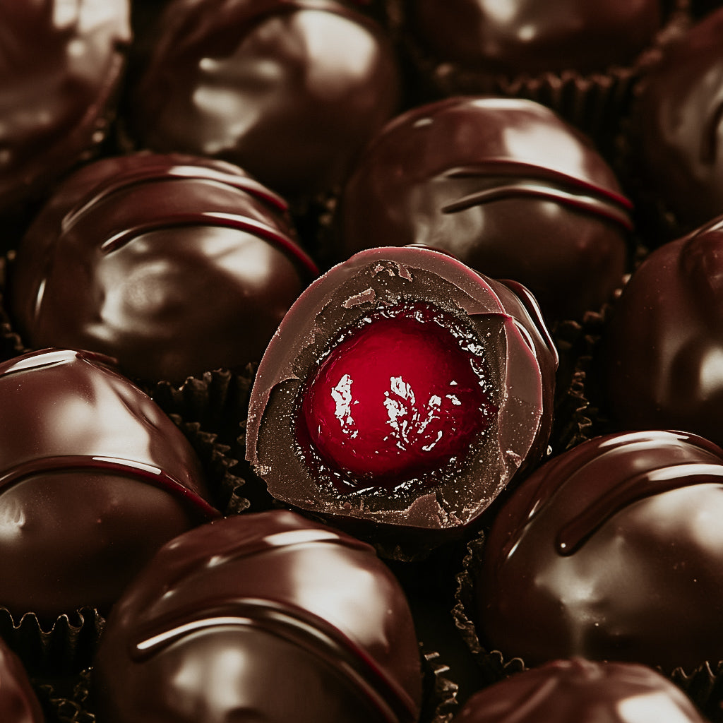 A close-up image of chocolate-covered cherries, with the focus on the cherry center, representing the fragrance oil product named 'Cordial Cherries'.