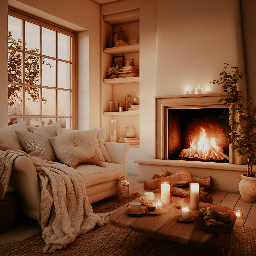 A cozy room with a lit fireplace, candles, and a comfortable seating area, depicting a warm, autumnal atmosphere.