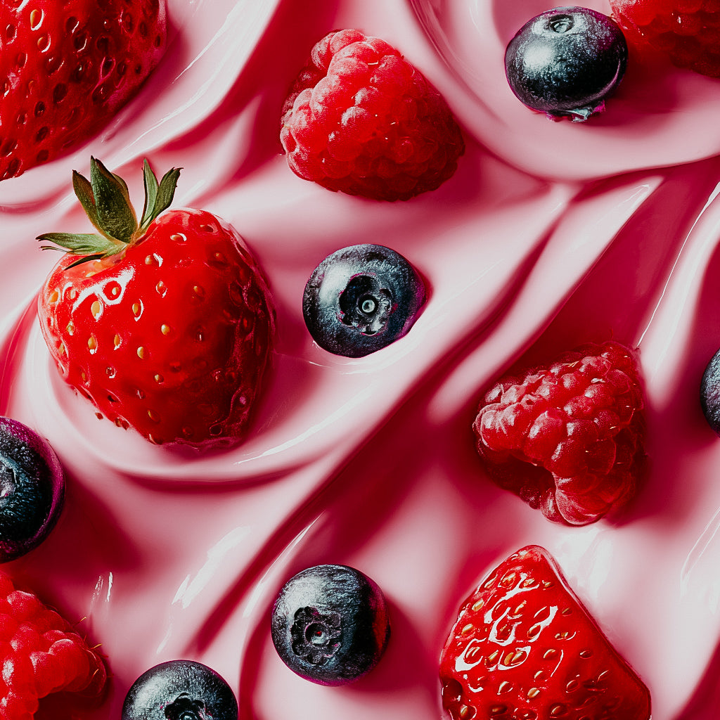 Berries including strawberries, raspberries, and blueberries on a pink surface