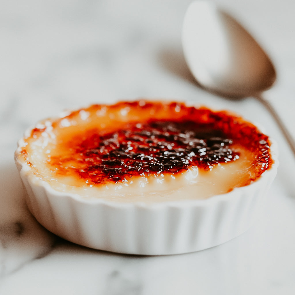 A ramekin of crème brûlé with a caramelized top, served with a spoon on the side, representing the fragrance oil's inspiration.