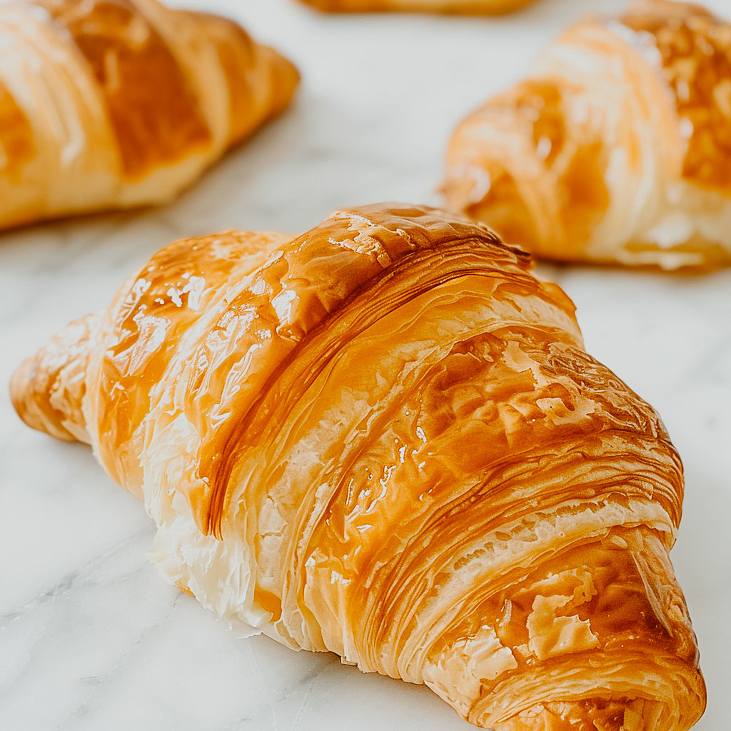 A golden-brown croissant on a white surface, with other croissants in the background.