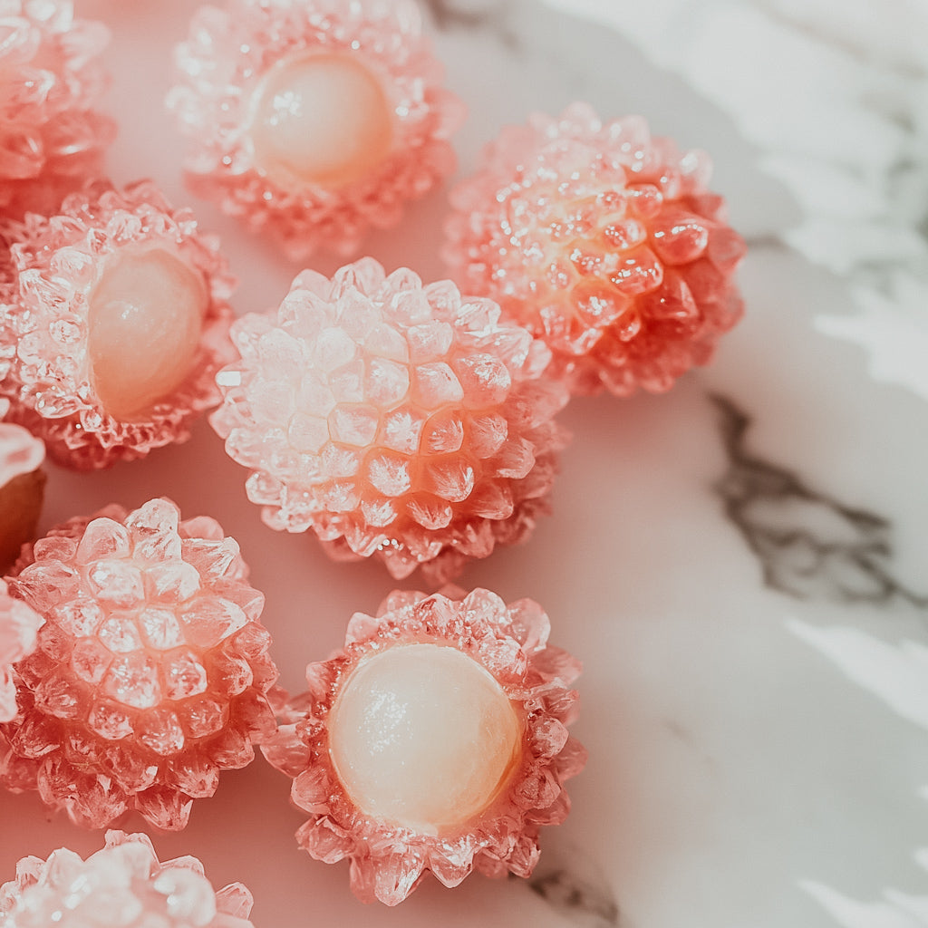 Solid fragrance crystals with a lychee shape and a translucent appearance, displayed on a marble surface.