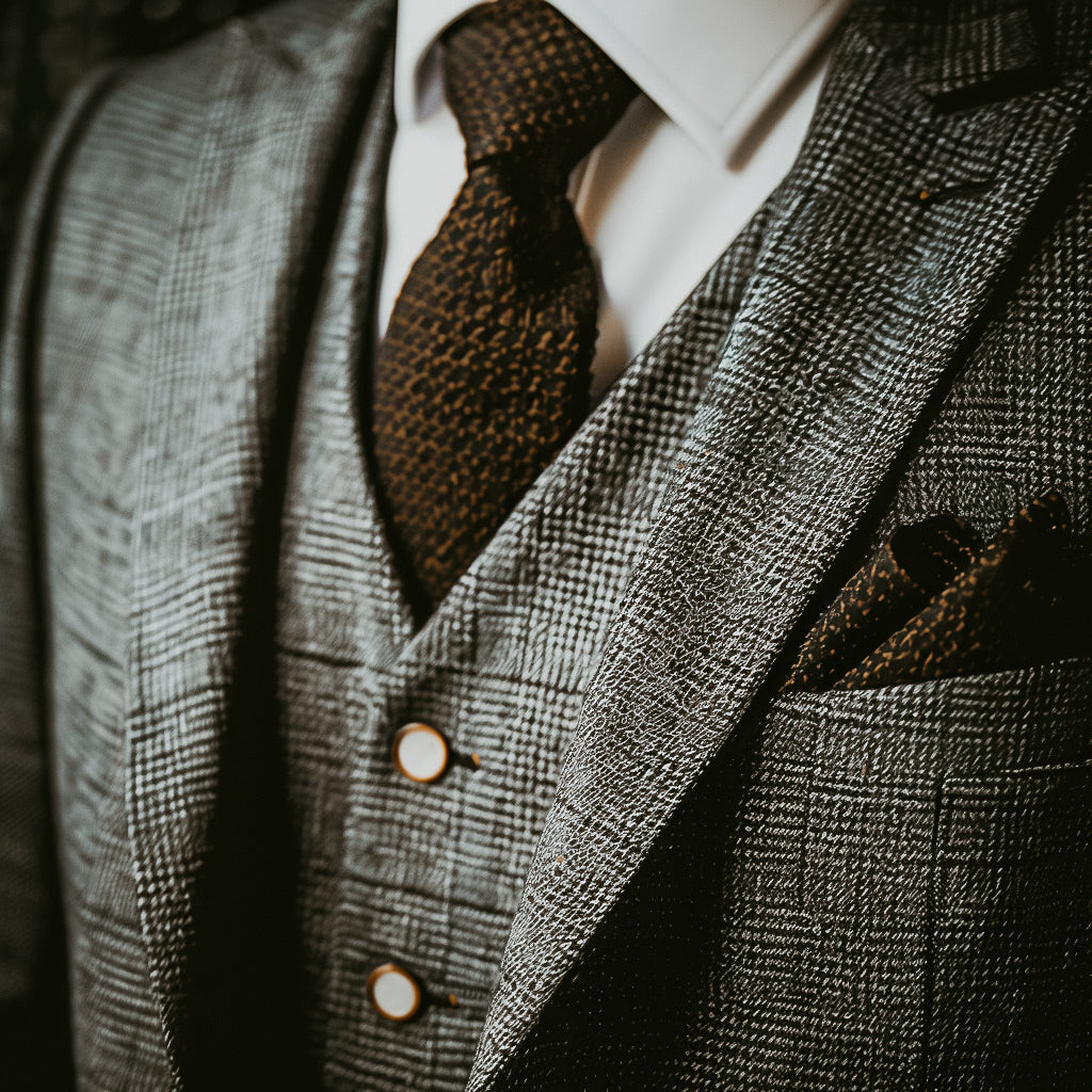 A close-up of a man wearing a grey tweed suit with a white shirt and a brown tie, representing the 'Dapper Man' fragrance oil.