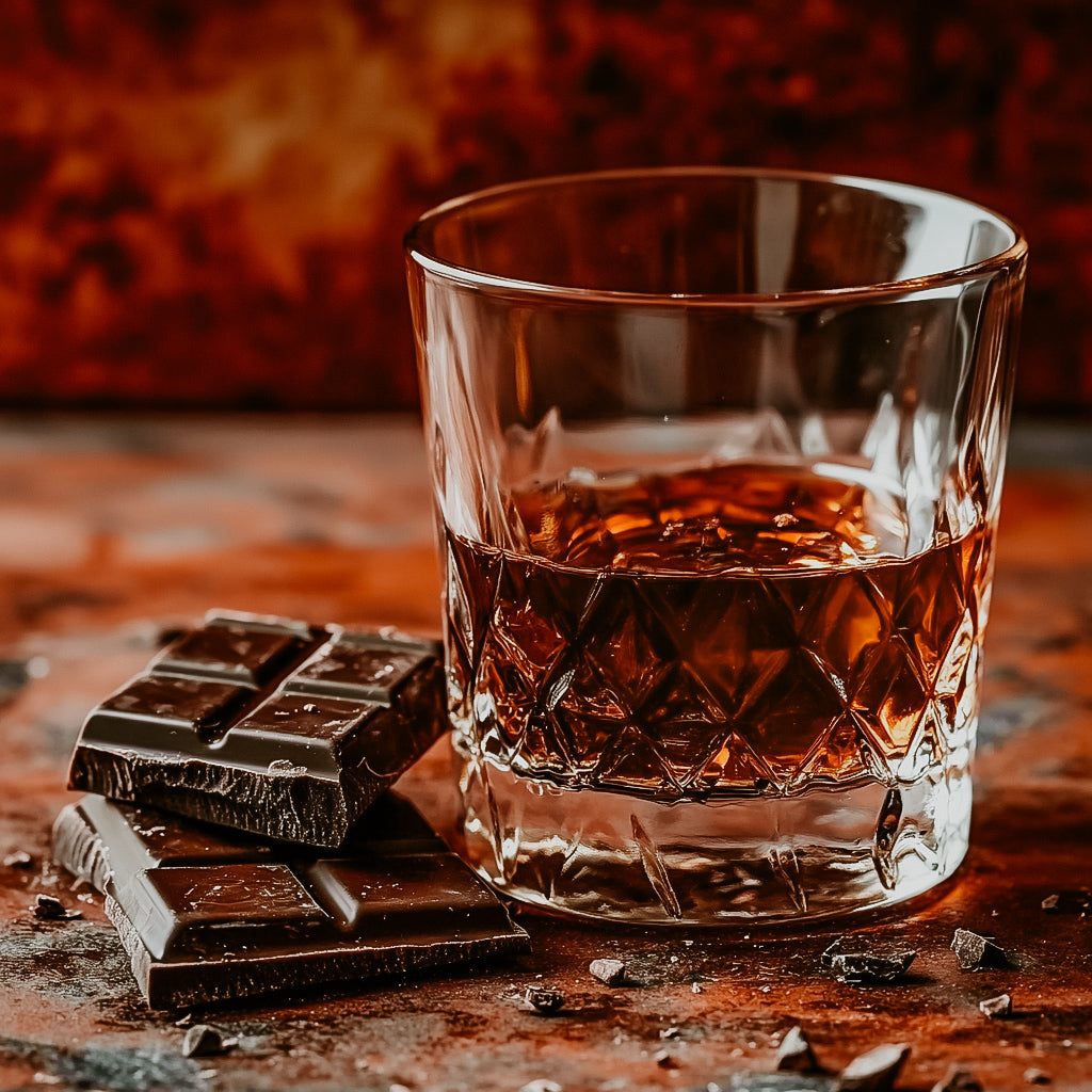 A glass of rum and a piece of dark chocolate on a wooden surface with a blurred warm background.