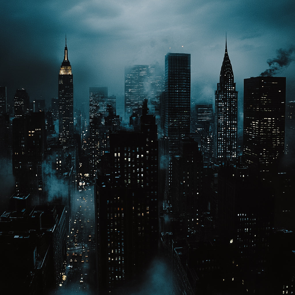 A dark, moody image of a city skyline at night with skyscrapers illuminated in the distance.