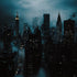 A dark, moody image of a city skyline at night with skyscrapers illuminated in the distance.