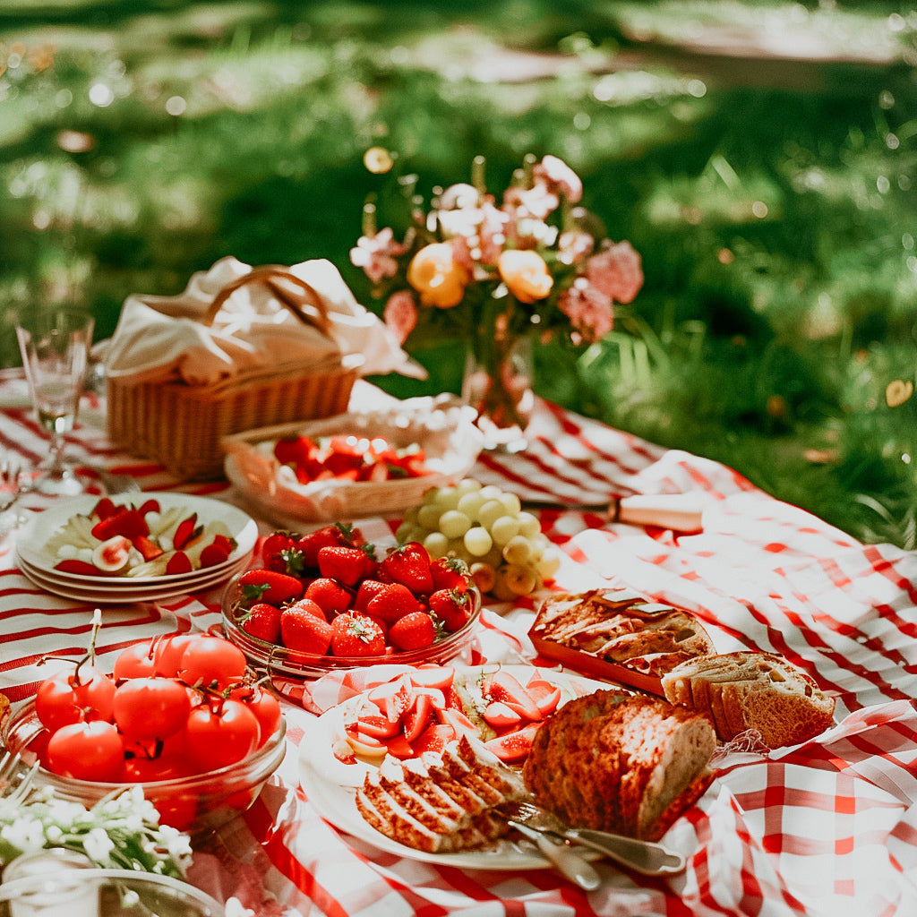 A picnic setup with a variety of food including fruits, bread, and a floral arrangement, on a checkered red and white blanket.