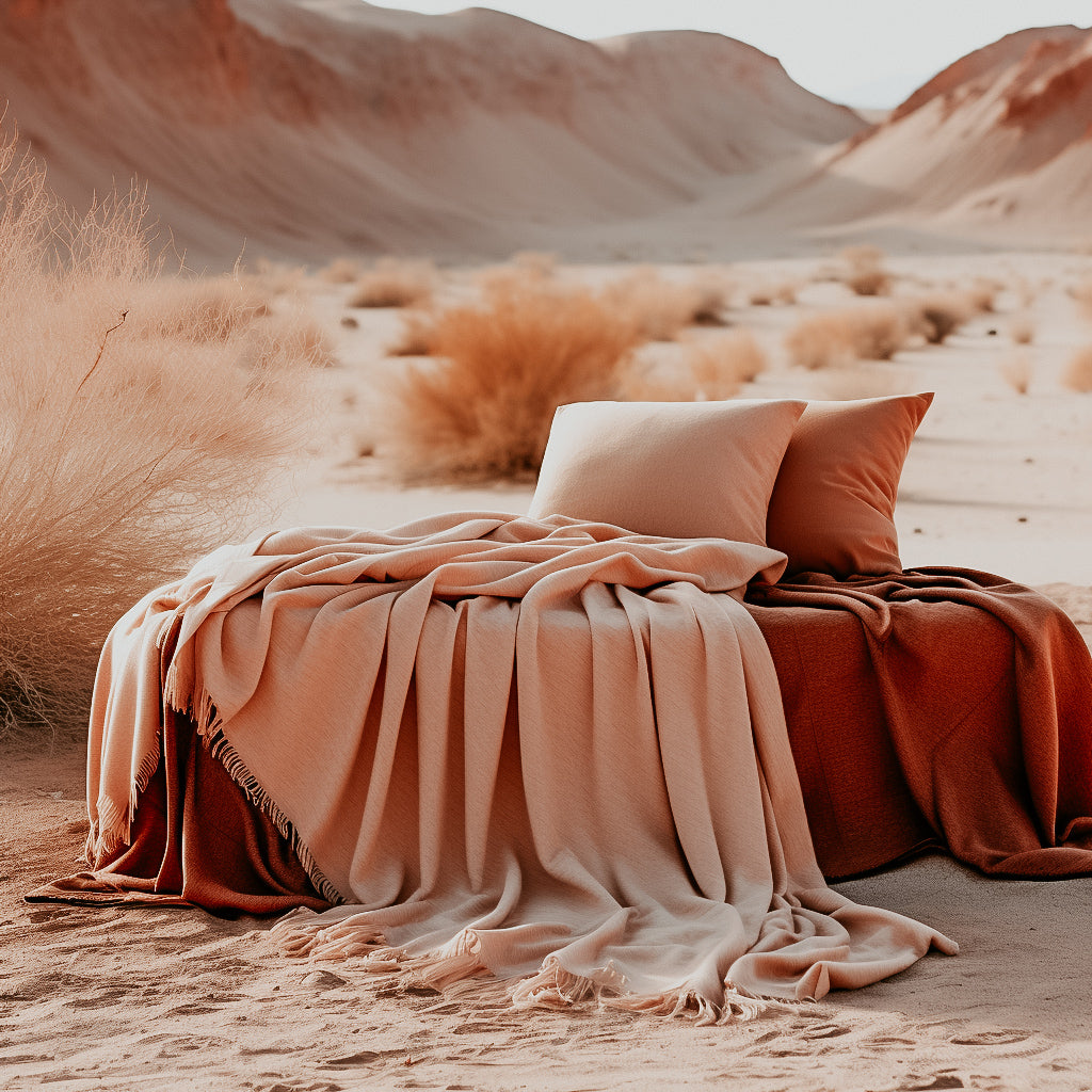 An outdoor setting with mountains in the background, accompanied by a visual of a bed with beige and brown bedding in a desert landscape.