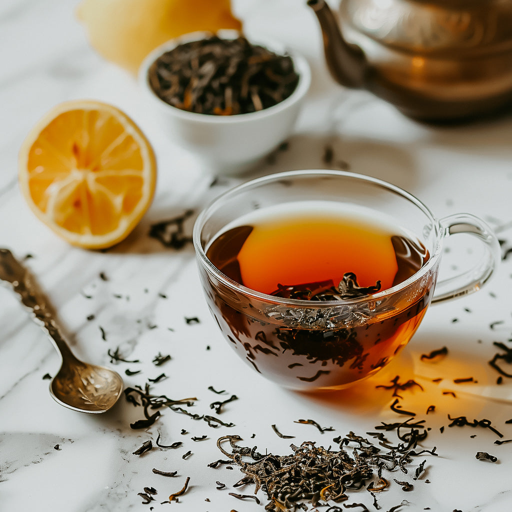 a photo of a cup earl grey tea, tea leaves and lemon