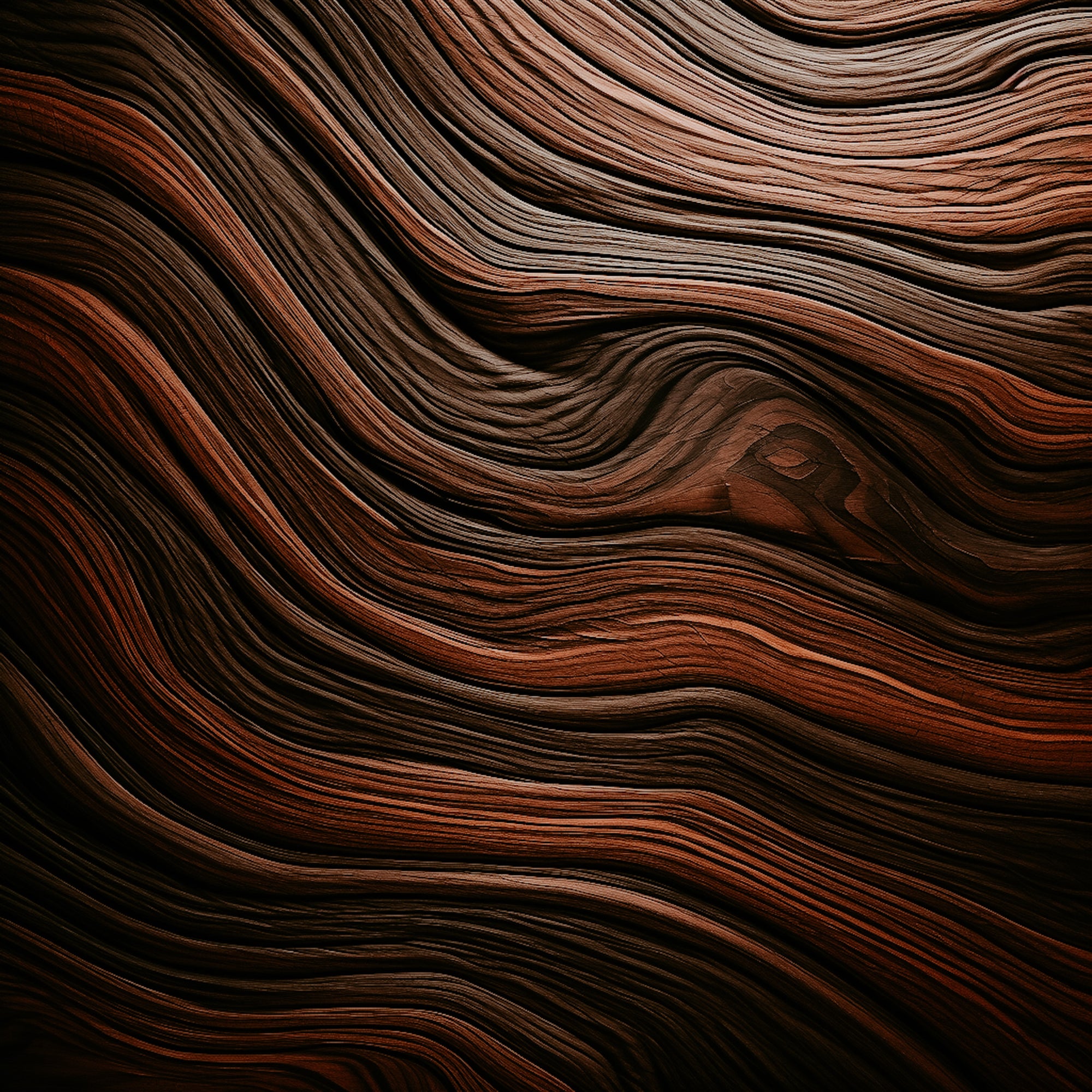 A close-up image of a wooden surface with a wavy pattern, showcasing the natural grain and texture of the wood.
