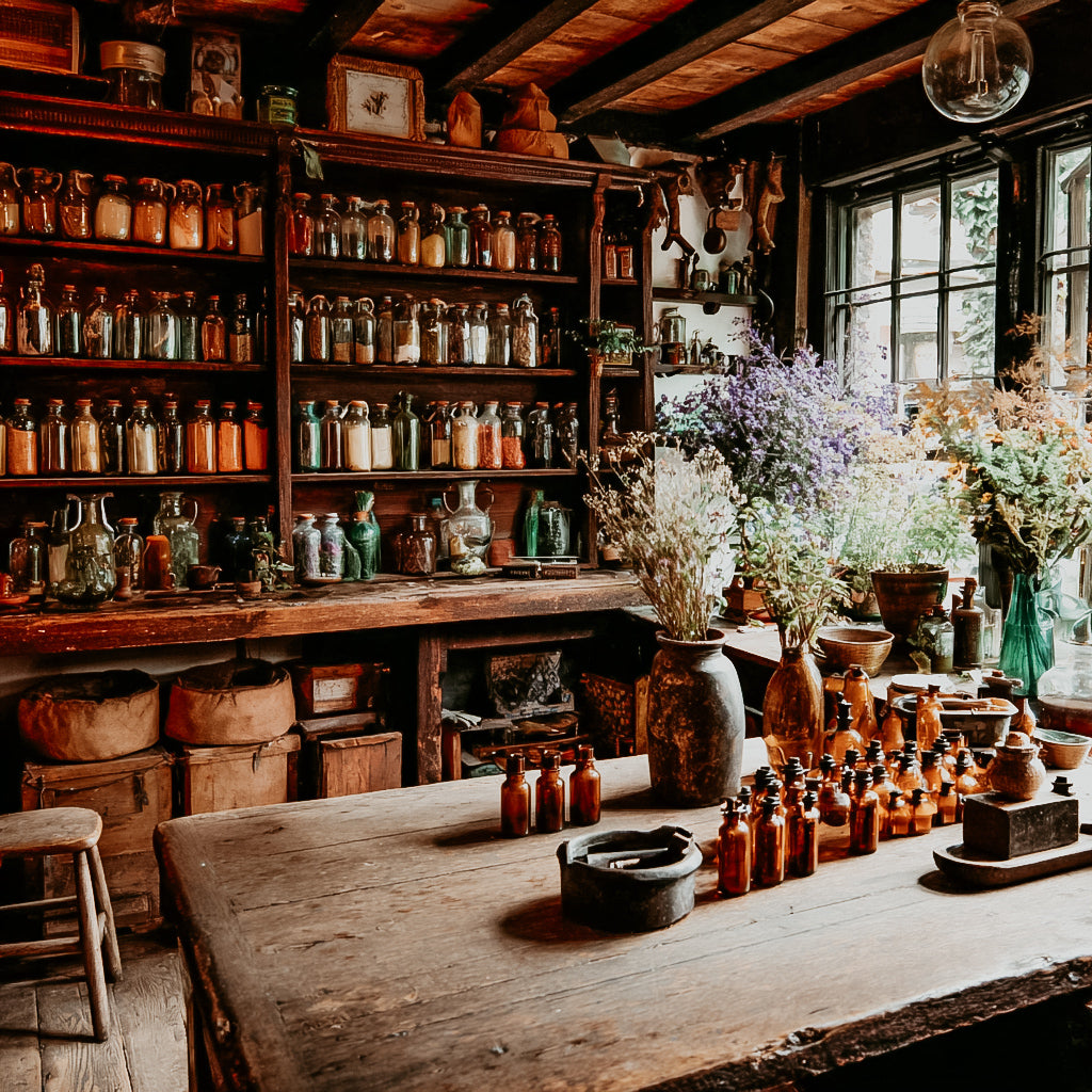 Vintage apothecary shop with shelves of bottles and a wooden table.