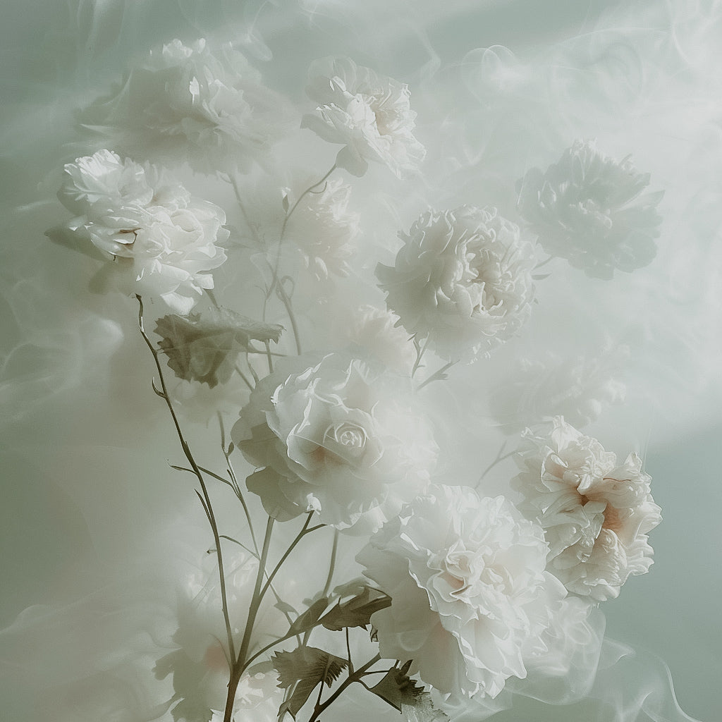 A highly detailed image of white flowers with a soft focus on the petals, giving a dreamlike or ethereal appearance.