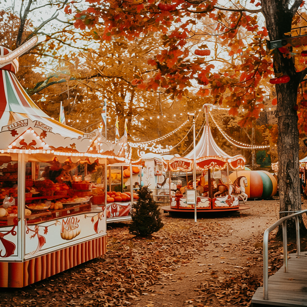 An image depicting a vibrant autumn scene at a fair with colorful leaves on the ground and on trees, carousel rides, and food stands selling caramel apples and kettle corn.
