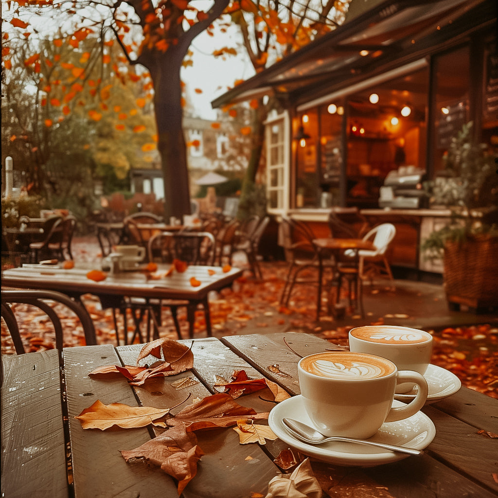 Two cups of coffee on a table with autumn leaves, with a cafe and trees in the background.