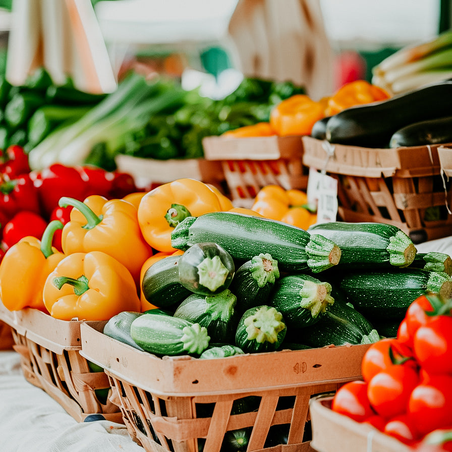 A variety of fresh fruits and vegetables displayed in baskets at a farmers market.