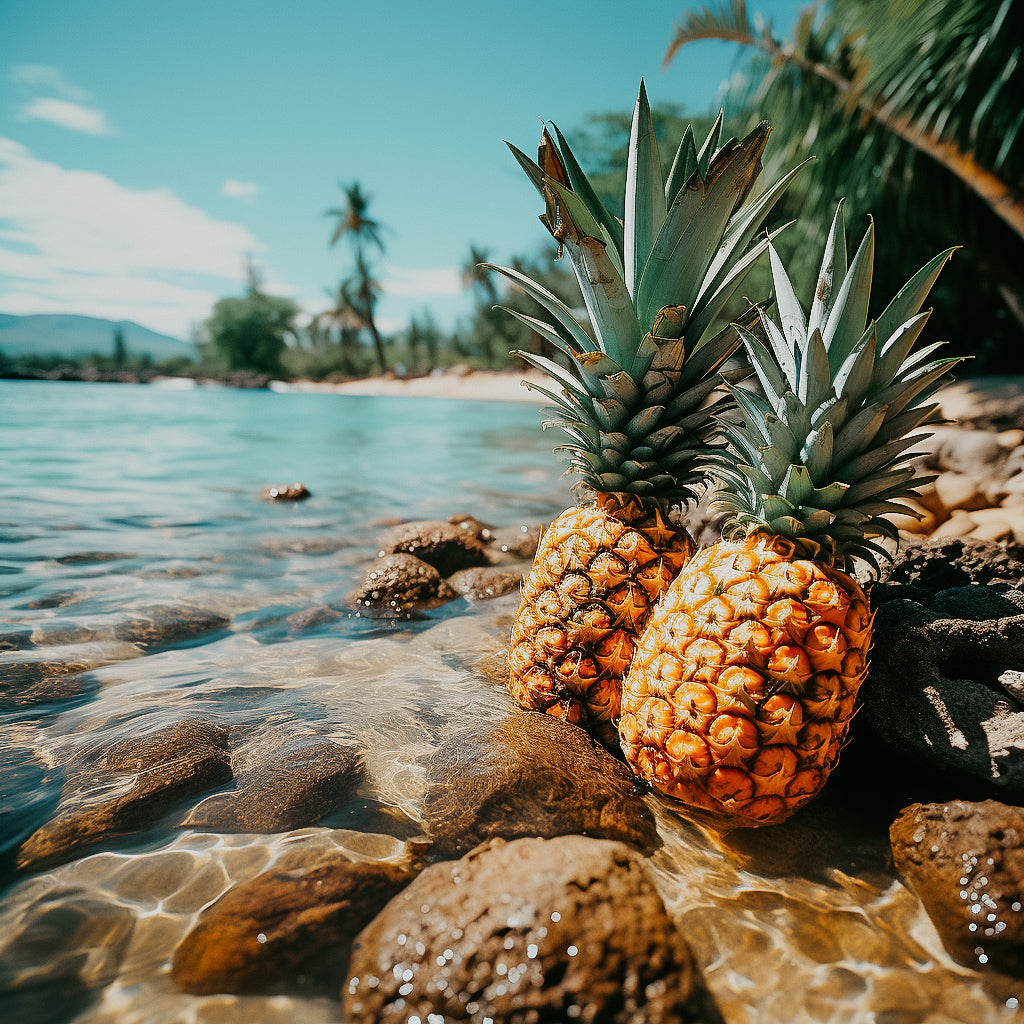 Pineapples placed on rocks with water suggesting a tropical theme.