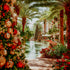 Decorative Christmas trees with ornaments along a palm-lined canal.