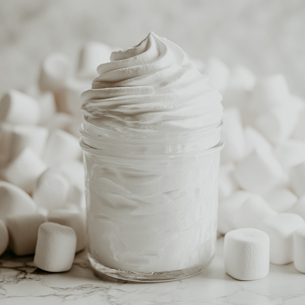Glass jar filled with white cream against a soft focus background of marshmallows