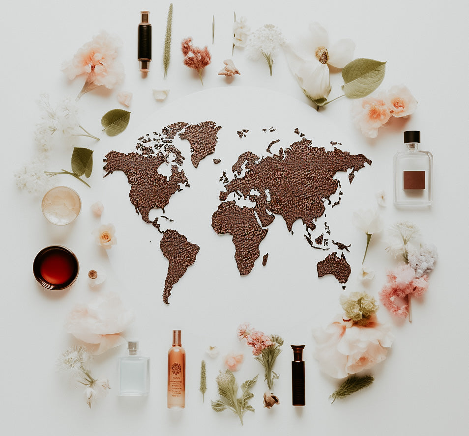 a Map of the world with fragrance elements