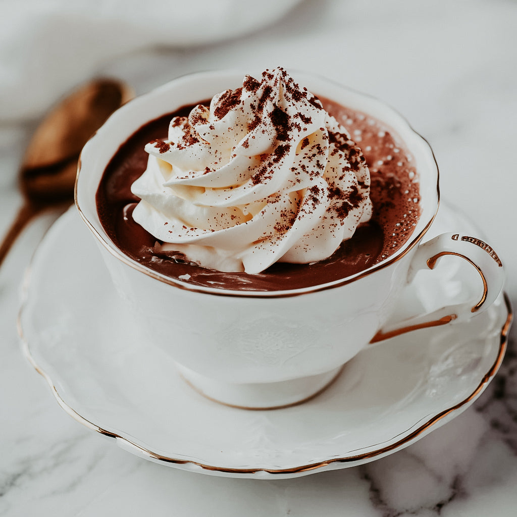 Hot chocolate with whipped cream and chocolate shavings in a white cup on a marble surface.