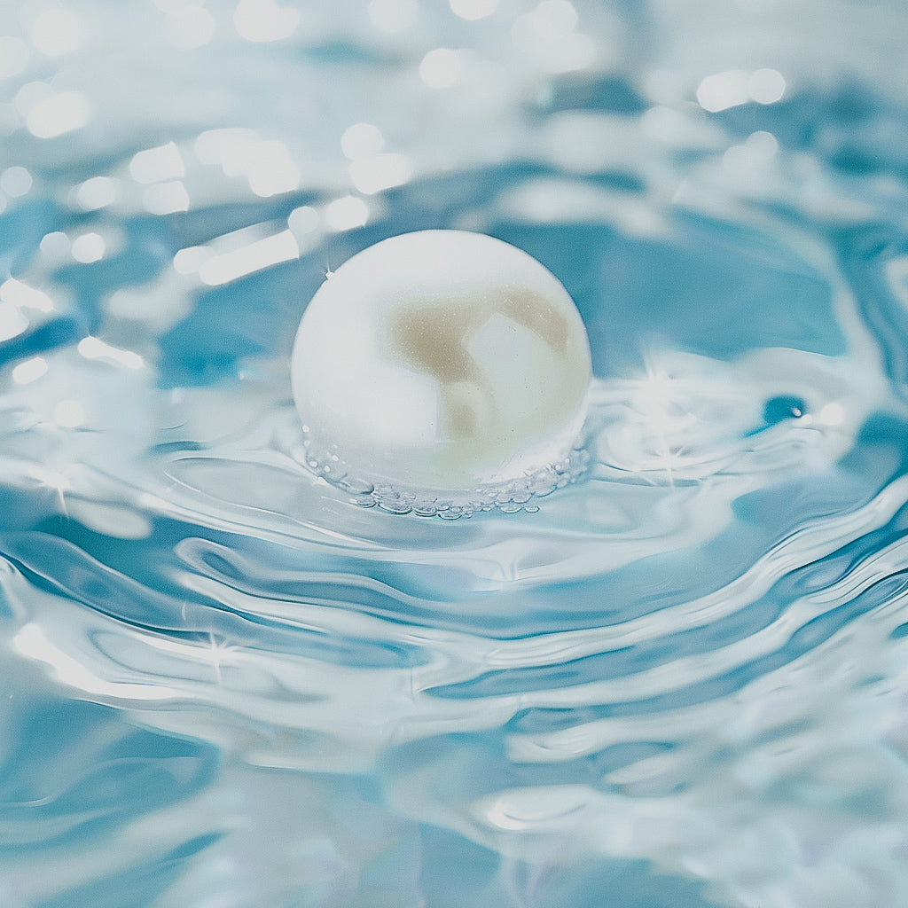 A single freshwater pearl surrounded by water ripples, with a bright and clear backdrop.