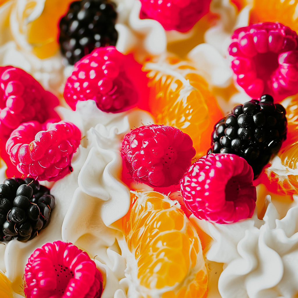 A close-up image of an edible fruit arrangement featuring raspberries, blackberries, mandarin slices, and cream.