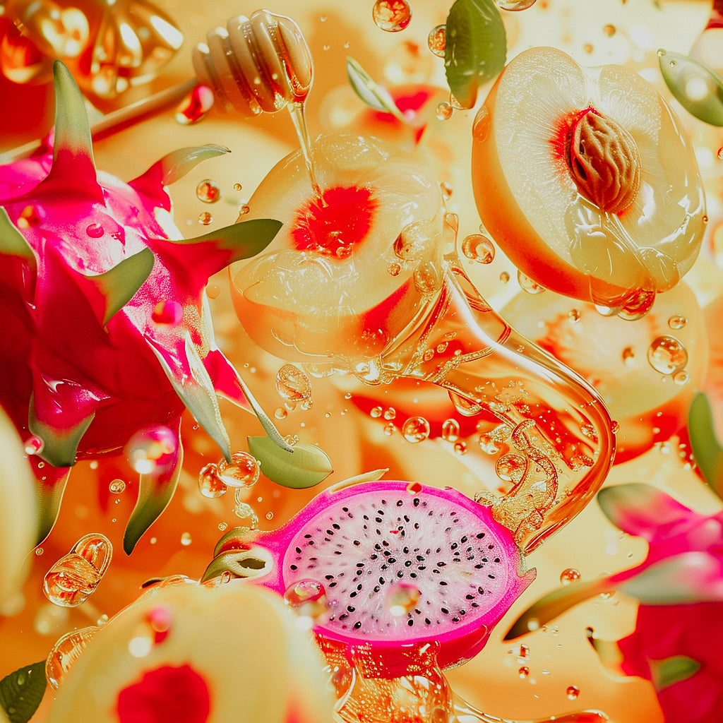 A highly colorful product image featuring a blend of fruit nectar and honey with visual elements of papaya, dragonfruit, apricot, and honeycomb, representing the fragrance oil.