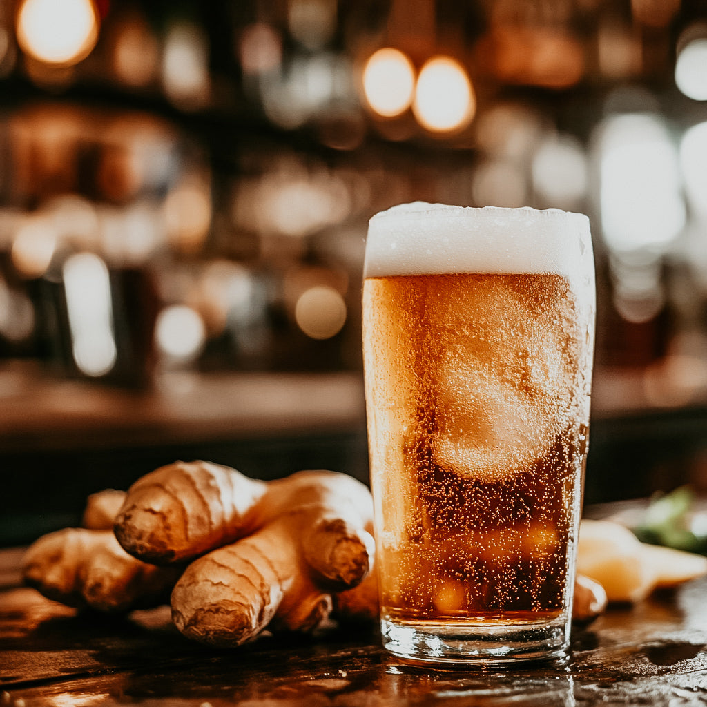 A glass of ginger beer with a foamy head, alongside fresh ginger roots, with a blurred background suggesting a bar or kitchen setting.