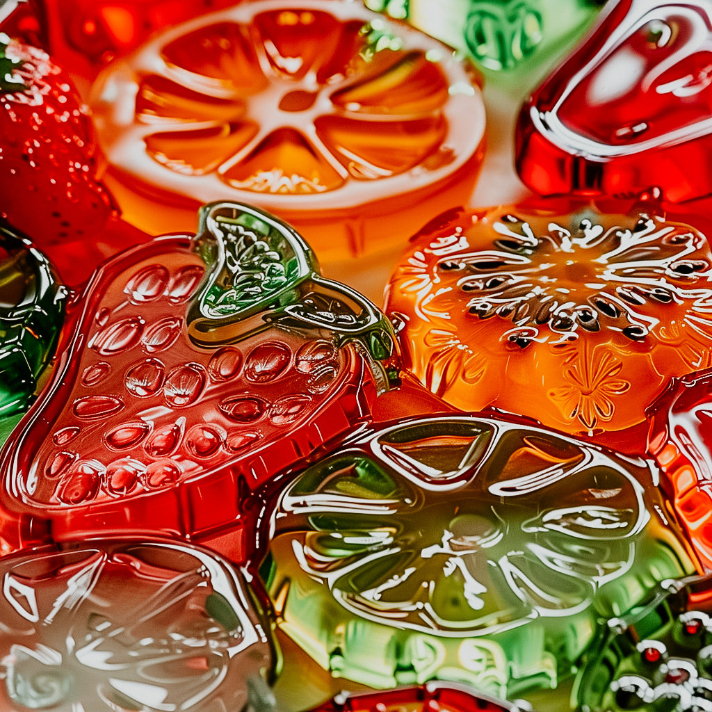 A close-up image of colorful candy shaped glass fruits, including what appears to be strawberries and oranges.