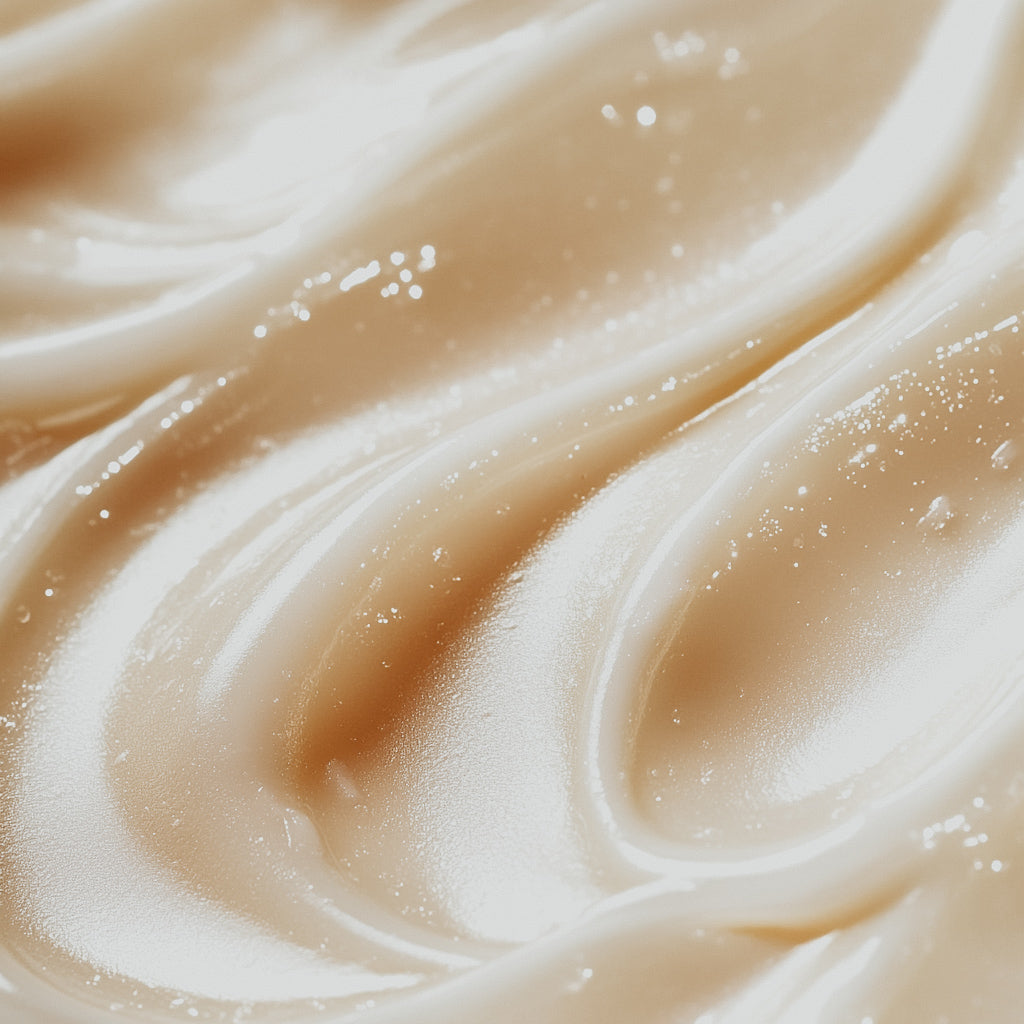 Close-up of a creamy, beige-colored fragrance oil with a smooth texture, possibly containing glitter or fine particles for visual appeal.