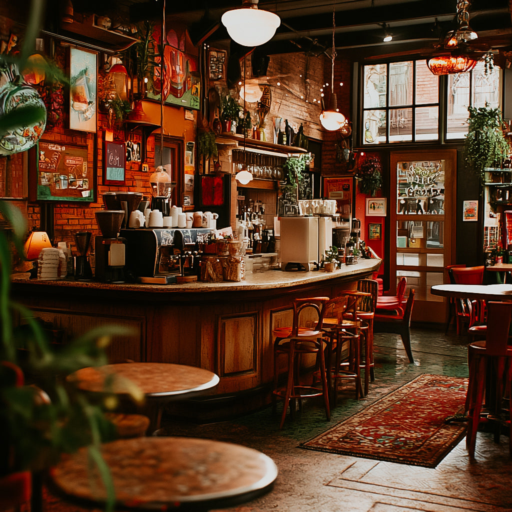 Interior of a cozy coffeehouse with wooden counters, red seats, and decorative lighting.