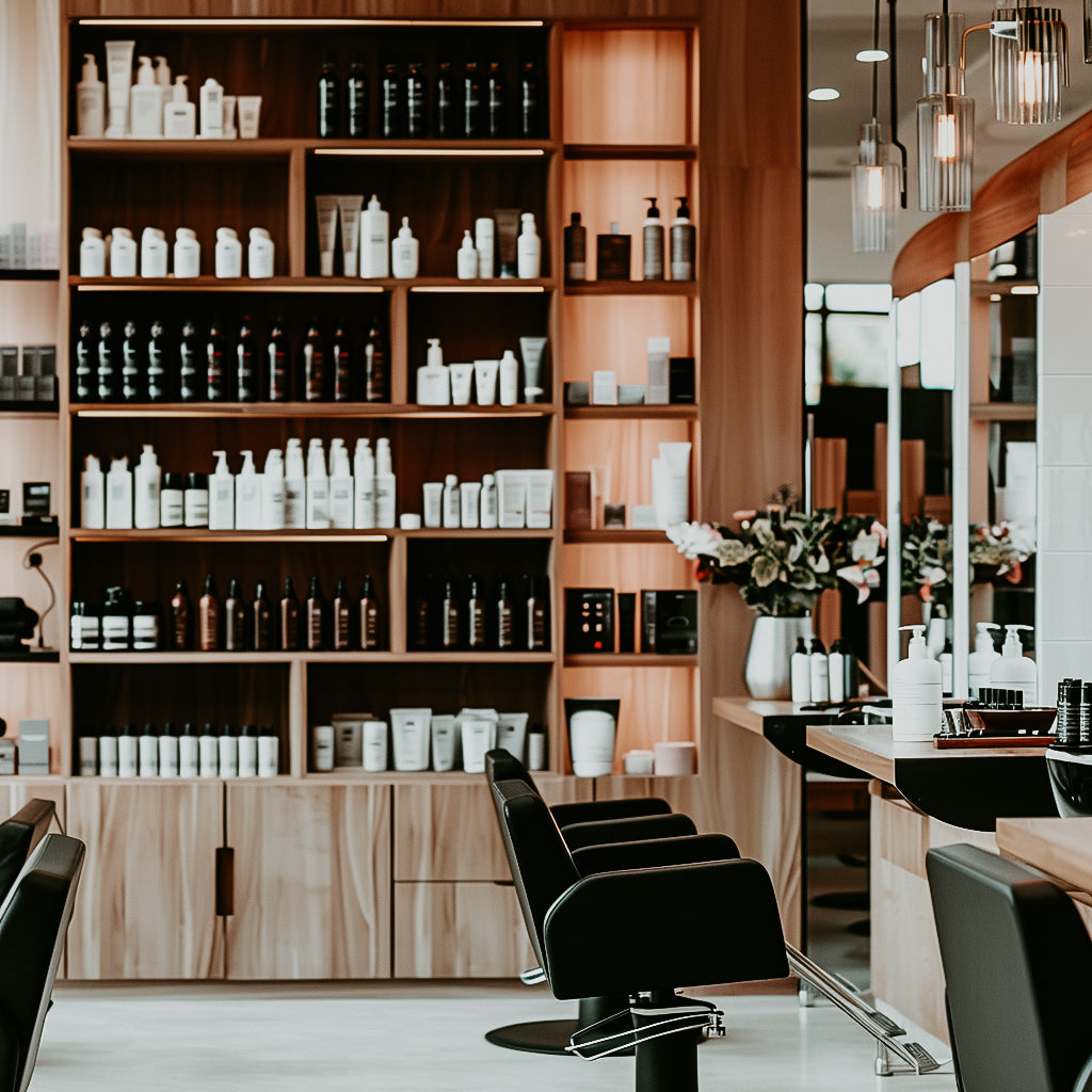 Interior view of a hair salon showcasing shelves with various hair care products and a styling area with chairs and tools.