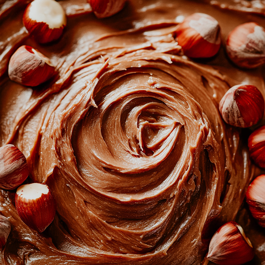 Close-up image of hazelnut spread with visible hazelnuts on top, resembling a creamy chocolate texture.