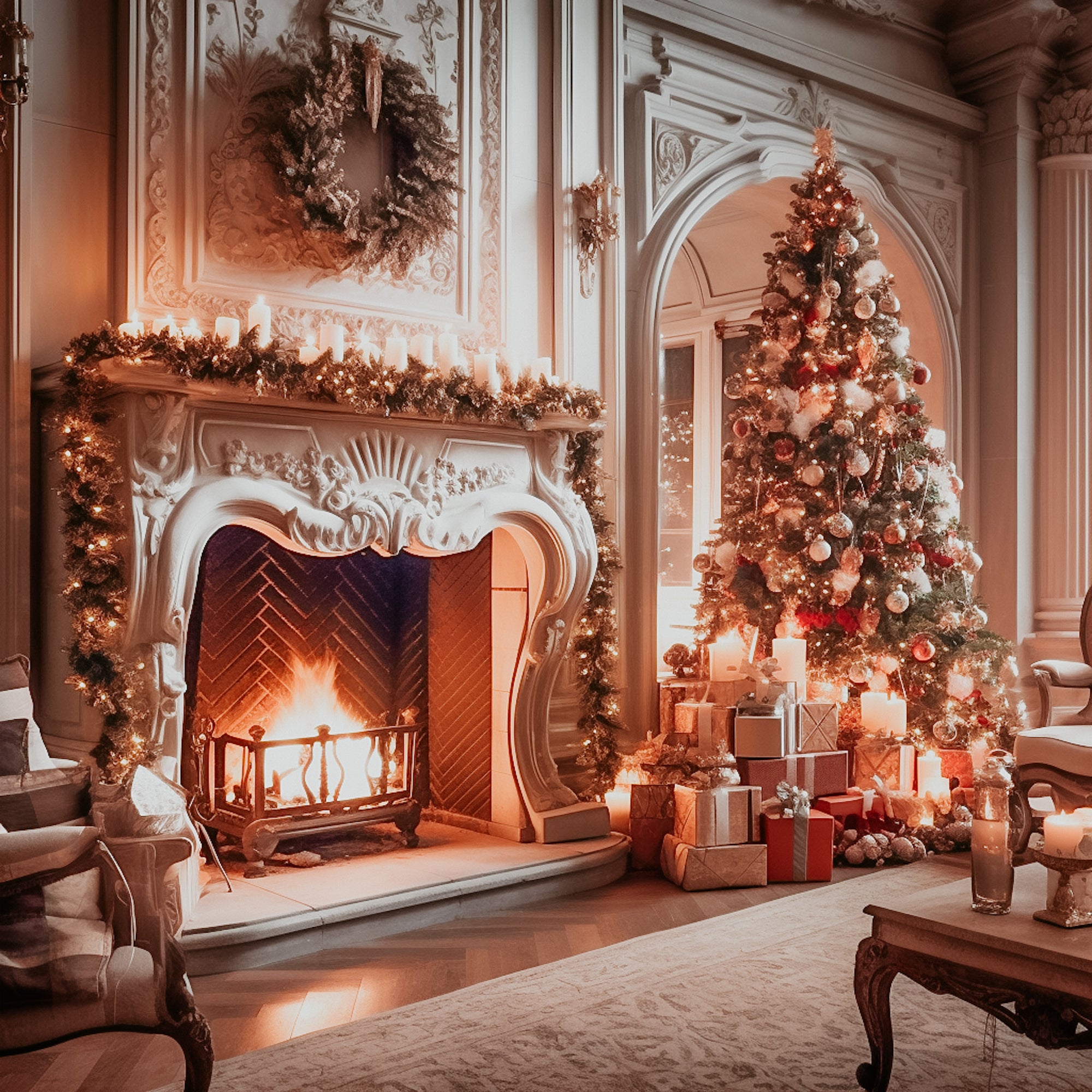 A cozy room with a lit fireplace and a decorated Christmas tree, depicting the festive holiday spirit.