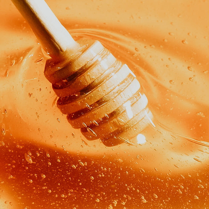 Close-up of a honey dipper in honey with a blurred background