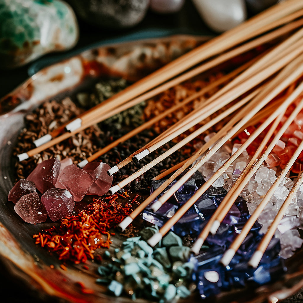 A selection of incense sticks arranged across various colored powders, with some crystals and a bowl in the background.