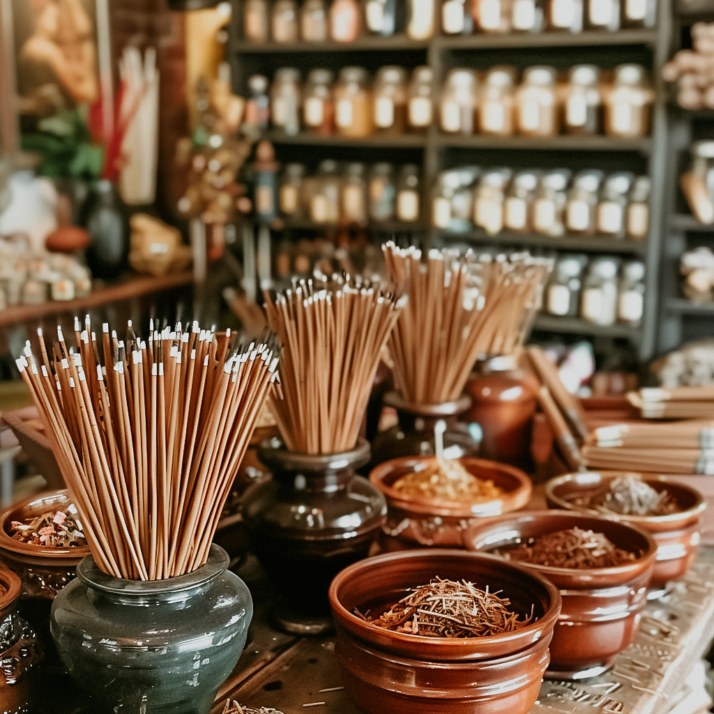 A display of incense sticks and fragrance oils in a store, with various containers holding incense pellets or oils arranged on a table.