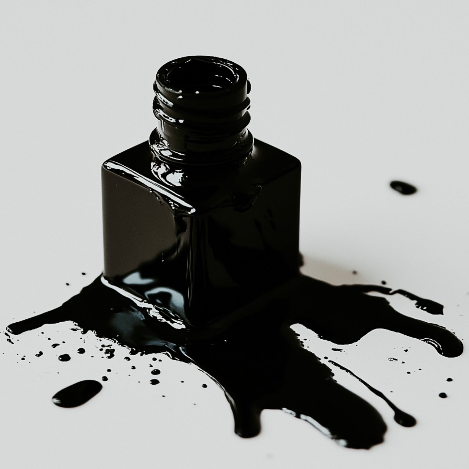 A small, square-shaped bottle with a black liquid resembling ink spilled around it, representing the fragrance oil.