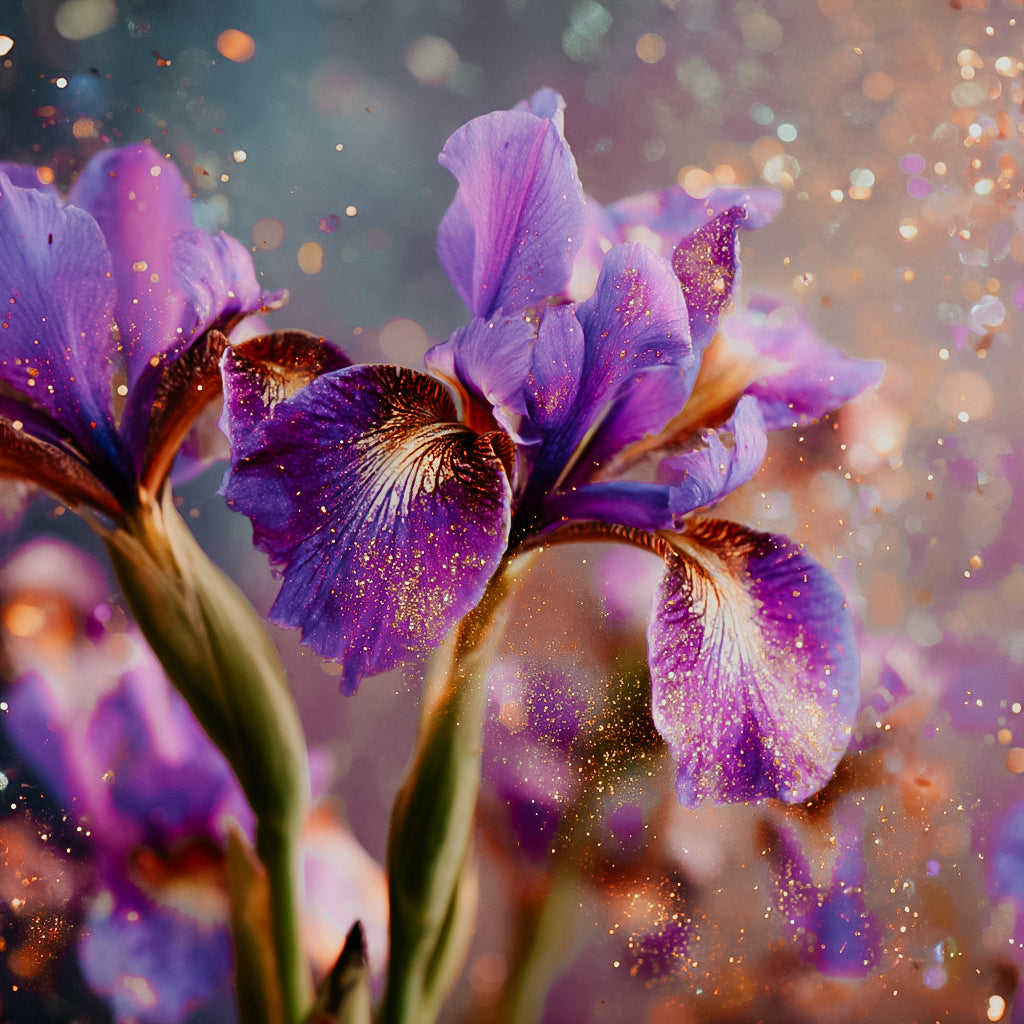 A close-up image of purple irises with a blurred background, highlighted with sparkles, giving a magical and ethereal feel.