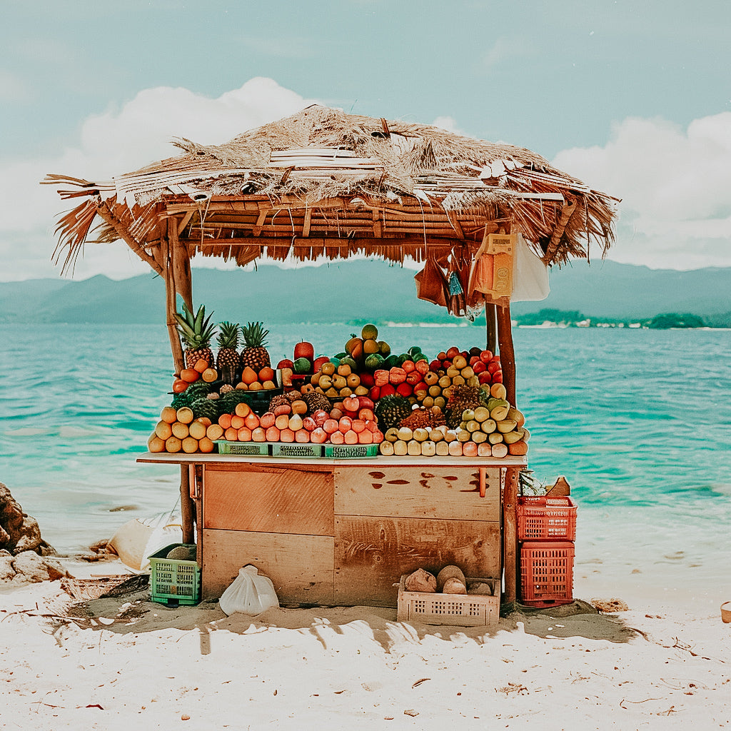 A colorful fruit stand on a beach with various fruits displayed, set against a backdrop of the sea and hills.