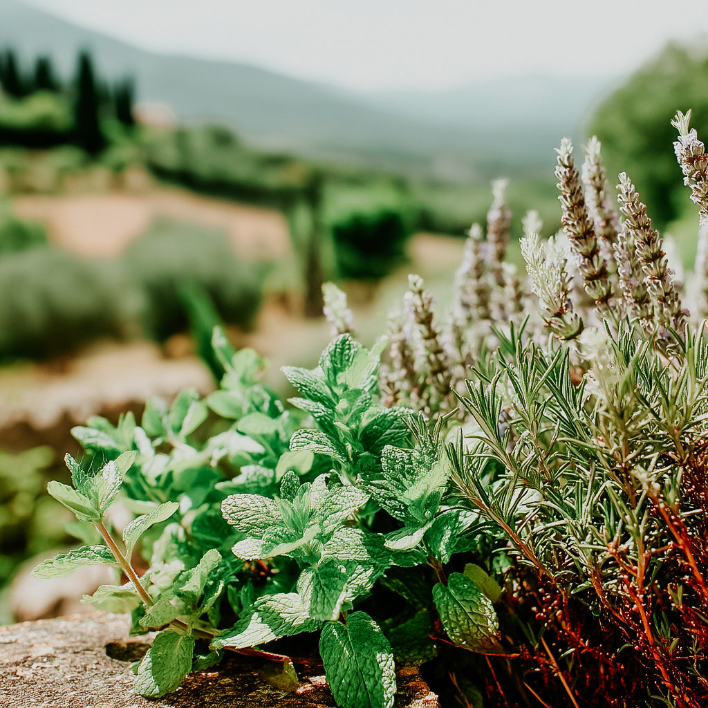 A garden scene with various herbs growing, including what appears to be lavender and other greenery.