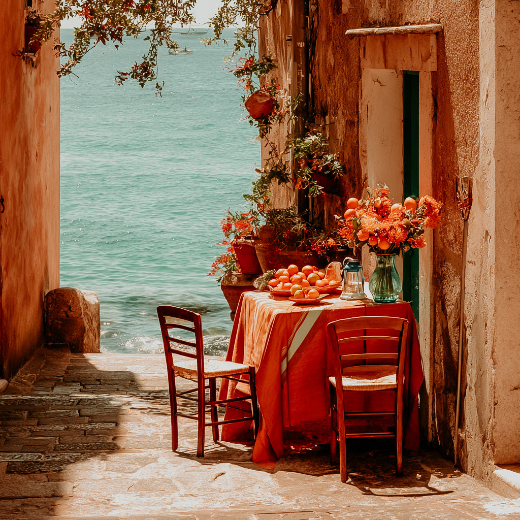 Outdoor setting with a table set for two, flowers, and a view of the sea.