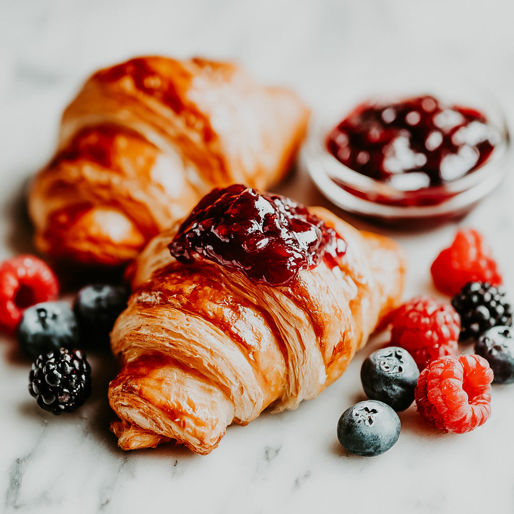 Croissant with jam and berries on a marble surface