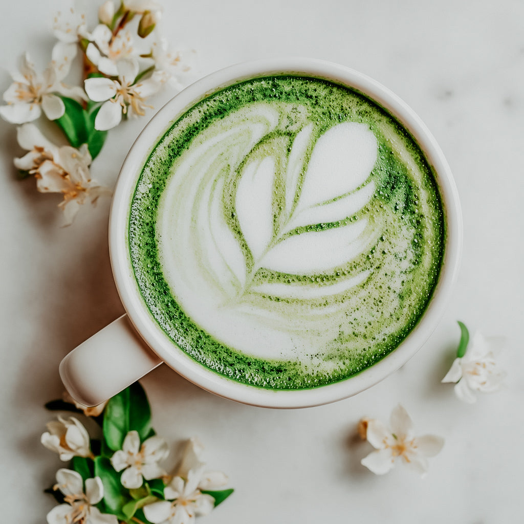 A cup of matcha latte with a pattern on the foam, surrounded by white flowers on a light background.